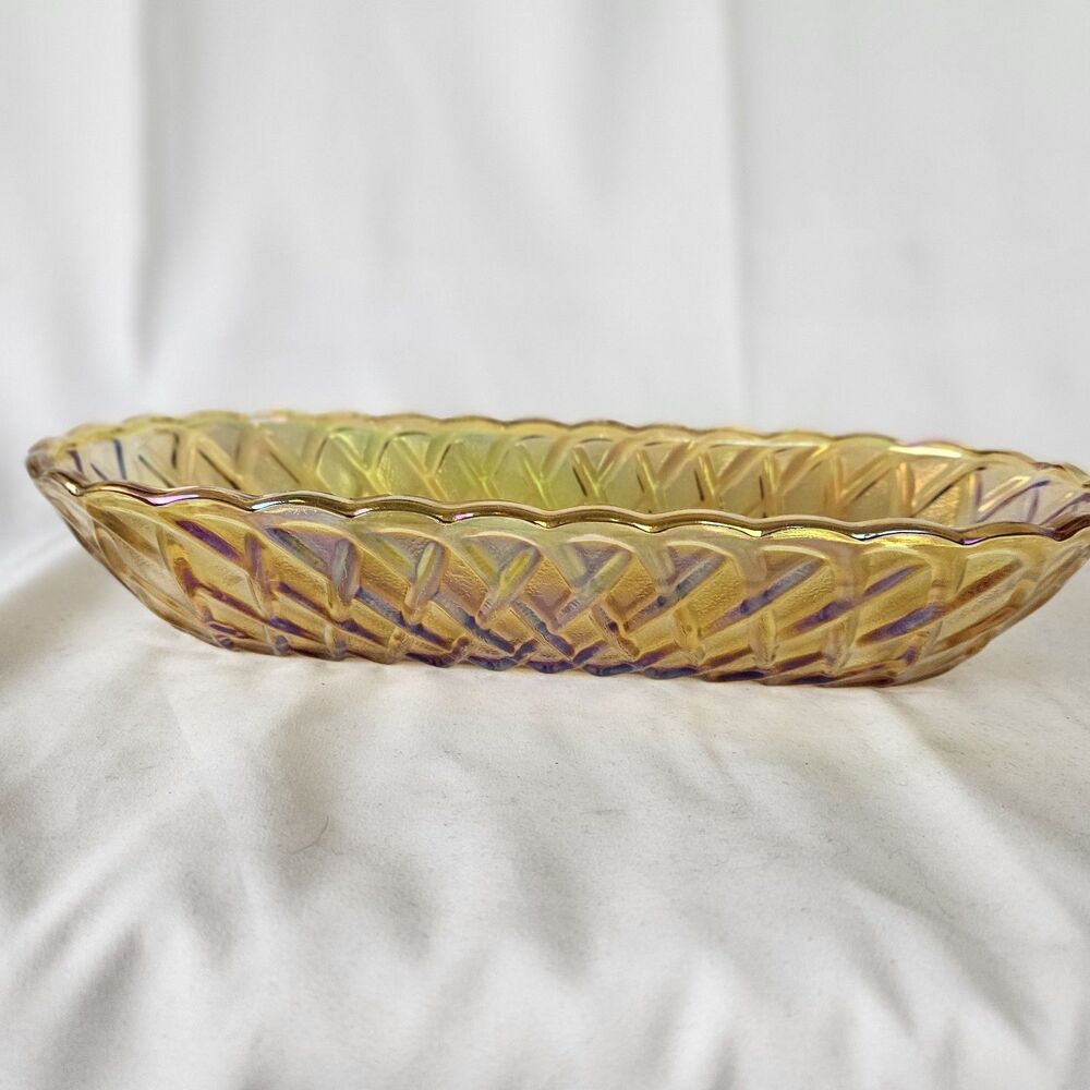Vintage Amber Iridescent Basket Weave Carnival Glass Bread Cracker Dish 10.5 x 5